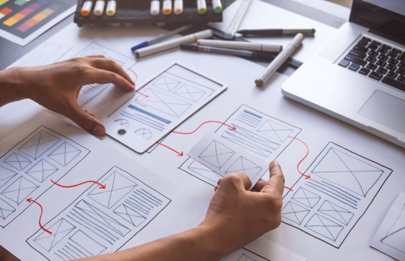 ux Graphic designer using a creative sketch planning application process